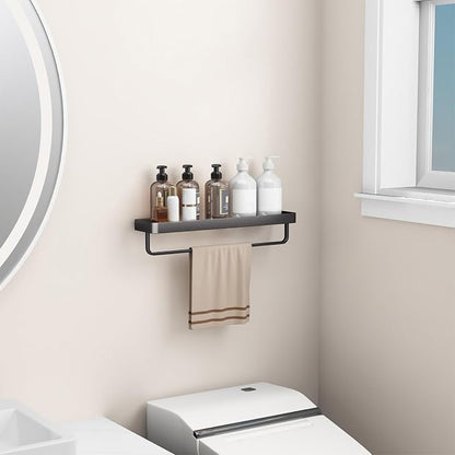 20 Inch Long Floating Bathroom Shelf with Towel Bar, Clear Tempered Glass Wall Shelf for Bathroom Storage Organizer, Matte Black