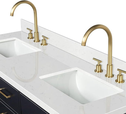 ARIEL Hepburn 66-inch Bathroom Vanity with Sink,Solid Wood, 1.5-inch Carrara White Quartz Countertop & Backsplash, Double Rectangular Porcelain Sink, 4 Soft Closing Doors, 6 Dovetail Drawers, Black