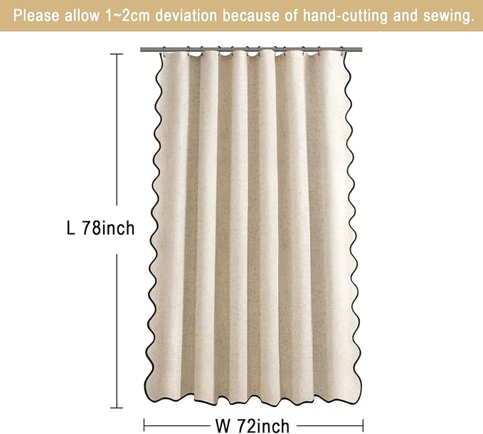 Scalloped Shower Curtain Linen Boho Beige 72" W x 78" L | Linen Fabric, Black Border, Washable, Heavy Duty Cloth, Shower Curtain for Boho Farmhouse Bathroom Bathtub