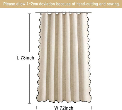Scalloped Shower Curtain Linen Boho Beige 72" W x 78" L | Linen Fabric, Black Border, Washable, Heavy Duty Cloth, Shower Curtain for Boho Farmhouse Bathroom Bathtub