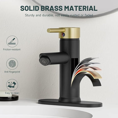 Bathroom Faucet for 1 or 3 Holes, Brass, Black and Gold | Single Handle Bathroom Sink Faucets, Modern Commercial Lavatory Vanity Faucet, with Deck Plate and Supply Line, No Drain