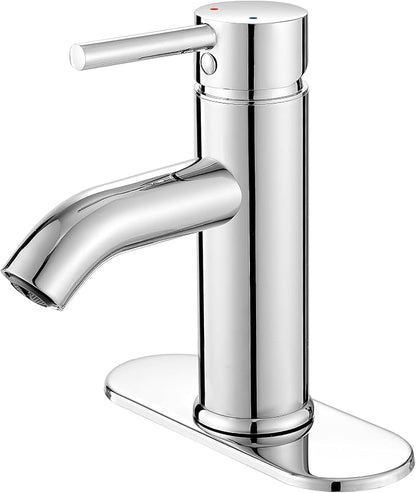Bathroom Faucet Chrome Modern Bathroom Sink Faucet, Single Handle Faucet for Sink, Vanity, RV, Lavatory, Suitable for 1 or 3 Holes, with Supply Deck Plate and Hose