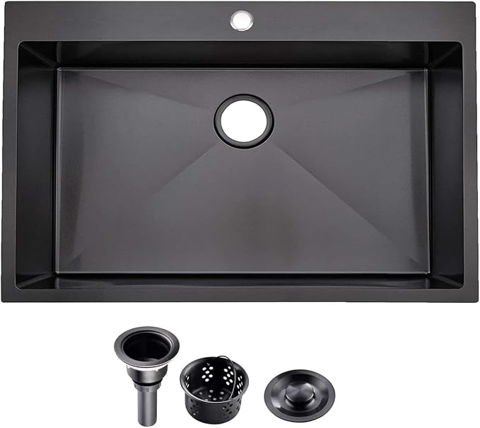 KINGO HOME 30 Inch Black Drop in Kitchen Sink, 30x18 Inch Gunmetal Black Single Bowl Stainless Steel Basin Topmount Kitchen Sink, 16 Gauge Metal Sink with Strainer
