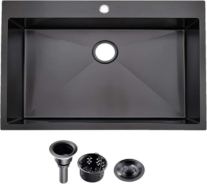 KINGO HOME 30 Inch Black Drop in Kitchen Sink, 30x18 Inch Gunmetal Black Single Bowl Stainless Steel Basin Topmount Kitchen Sink, 16 Gauge Metal Sink with Strainer