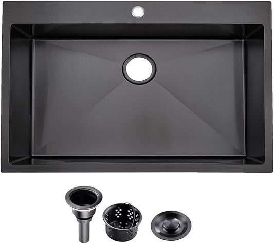 KINGO HOME 30 Inch Black Drop in Kitchen Sink, 30x18 Inch Gunmetal Black Single Bowl Stainless Steel Basin Topmount Kitchen Sink, 16 Gauge Metal Sink with Strainer