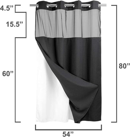 RiverDream Heavyweight Waffle No Hook Shower Curtain with Liner,Black,54x80 | Dotted Waffle,Snap-in Liner,Heavy Duty,Quick Dry,Mesh Top Window,With Bottom Magnets,Hotel-Grade,Washable,Stall Long Size