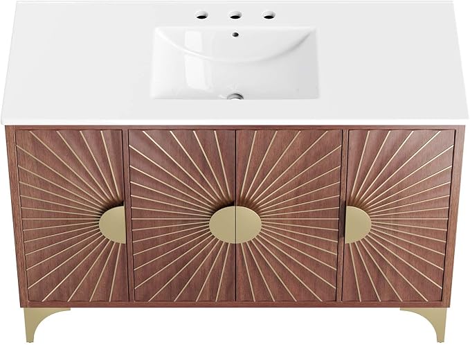 Modway Daylight Bathroom Vanity Cabinet with Ceramic Basin, 48" Single Sink, White Walnut