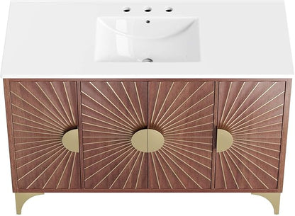 Modway Daylight Bathroom Vanity Cabinet with Ceramic Basin, 48" Single Sink, White Walnut