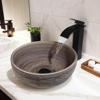 14 Inch Ceramic Bathroom Vessel Sink, Matte Black-Brown Round | Above Counter, With Faucet and Pop Up Drain Combo, Sinks Bowl for Vanity, Porcelain Art Basin, Easy Clean and Install