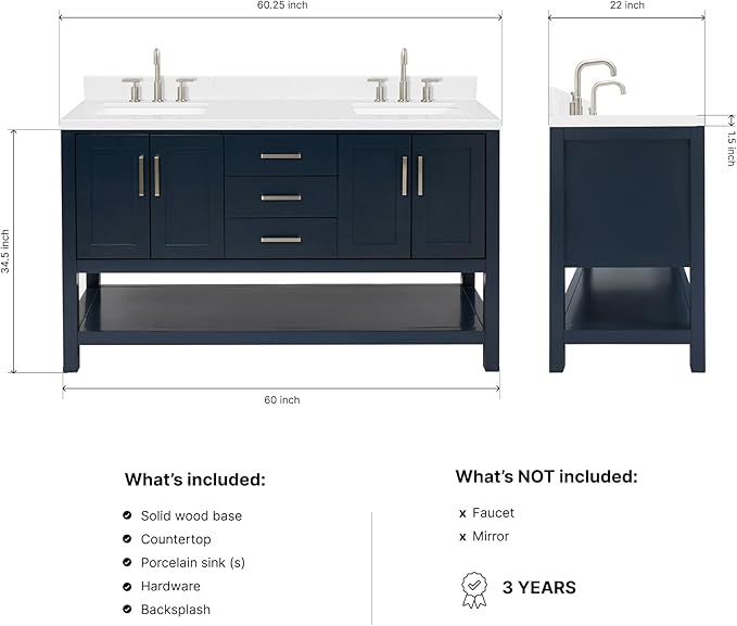 ARIEL Magnolia 60-inch Bathroom Vanity with Sink,Solid Wood, 1.5-inch Carrara White Quartz Countertop, Double Rectangular Porcelain Sink, 4 Soft Closing Doors, 3 Dovetail Drawers, Midnight Blue