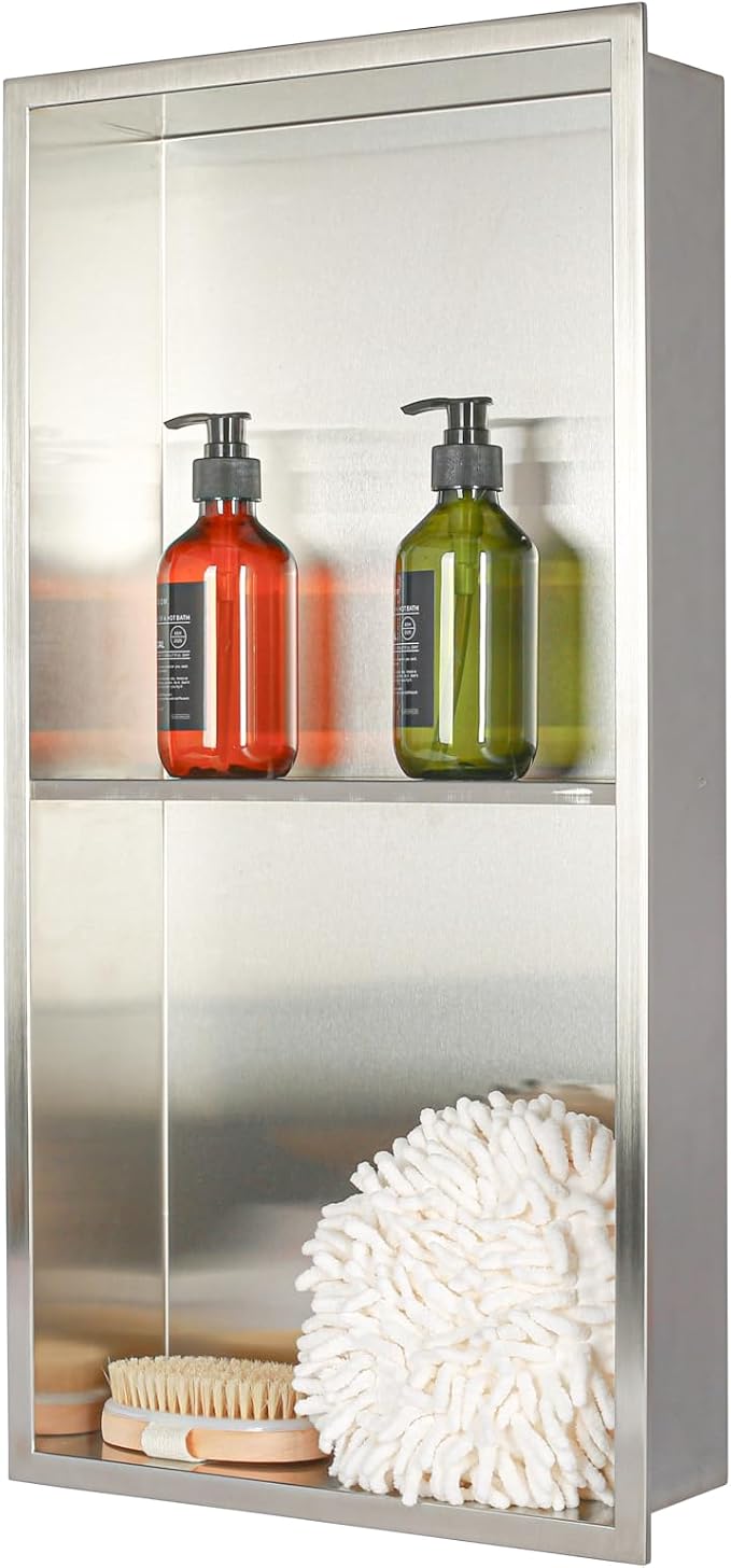 24 x 12 in Recessed Shower Niche with Double Shelves, Brushed Stainless Steel Wall Insert, No Tile Needed, Leakproof Built-in Storage for Bathroom, Kitchen, Bedroom