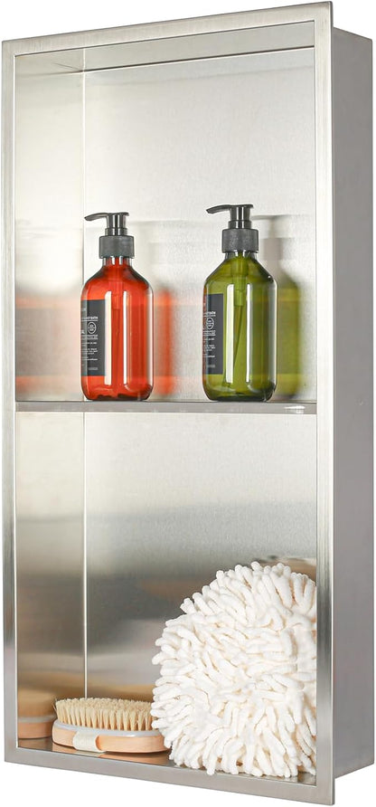 24 x 12 in Recessed Shower Niche with Double Shelves, Brushed Stainless Steel Wall Insert, No Tile Needed, Leakproof Built-in Storage for Bathroom, Kitchen, Bedroom