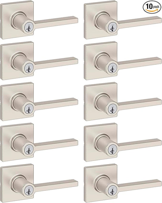 Kwikset Casey Entry Door Handle with Lock and Key, Secure Keyed Reversible Lever Exterior, for Front Entrance and Bedrooms, Satin Nickel, 10 Pack, Pick Resistant SmartKey Rekey Security and Microban