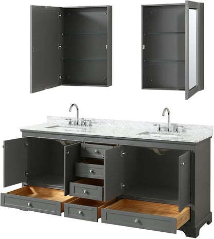 Wyndham Collection Deborah 80 inch Double Bathroom Vanity in Dark Gray, White Carrara Marble Countertop, Undermount Square Sinks, and Medicine Cabinets