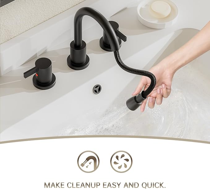 Phiestina Pull Down Sprayer Matte Black Widespread Bathroom Sink Faucet, 8 Inch 2 Handles 3 Hole Pull Out Bathroom Faucet，with Metal Pop-Up Drain and Water Supply Line，BF04012-K01-MB