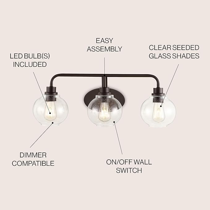 JONATHAN Y 26.25" Oil Rubbed Bronze Farmhouse LED Vanity Light Wall Sconce for Bathroom, Clear Seeded Glass Shade, Industrial Iron Indoor Fixture, LED Bulb Included (JYL7528A)
