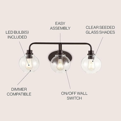 JONATHAN Y 26.25" Oil Rubbed Bronze Farmhouse LED Vanity Light Wall Sconce for Bathroom, Clear Seeded Glass Shade, Industrial Iron Indoor Fixture, LED Bulb Included (JYL7528A)