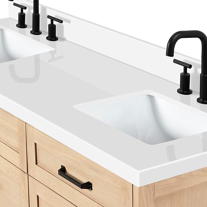 ARIEL Monroe 66-inch Bathroom Vanity with Sink,Solid Wood, 1.5-inch Pure White Quartz Countertop & Backsplash, Double Oval Porcelain Sink, 9 Dovetail Drawers, Matte Black, White Oak