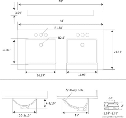 48"x22" Vanity Top with Sink, Engineered Stone Vanity Top with Rectangular Undermount Ceramic Double Sink, 8 Inch Faucet Hole Spacing with Backsplash Countertops for Bathroom