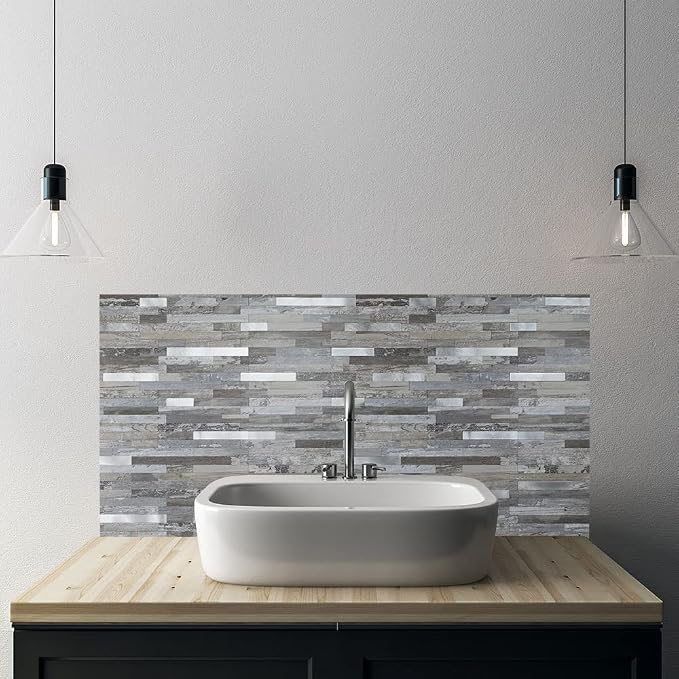 AULIGET 2-Sheet Peel and Stick Backsplash Wall Tiles, Distressed Wood Look PVC Wall Tiles Stick on Backsplash