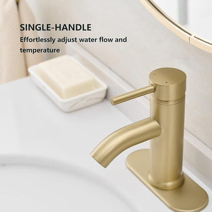 Brushed Gold Bathroom Faucets Single Hole Bathroom Sink Faucet | Modern Single Handle Bathroom Faucte 1 or 3 Hole, RV Sink Vanity Faucet (with Drain, Brushed Gold)