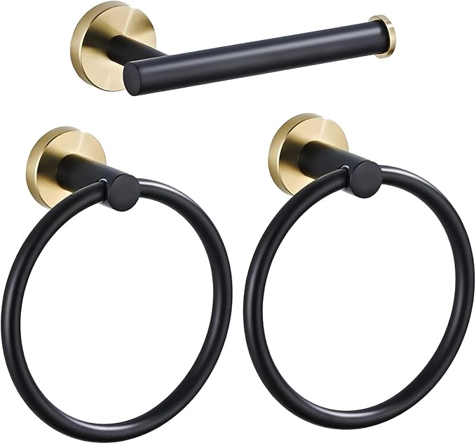Bathroom Hardware Set 3 Piece Black&Gold Wall Mounted Stainless Steel Hardware Towel Bar Set Gold Bathroom Accessories Towel Rack Set Kit Includes 2 Hand Towel Ring, Toilet Paper Holder