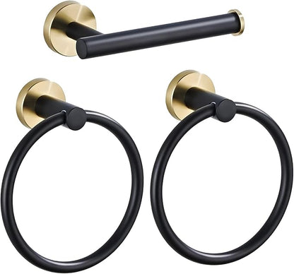 Bathroom Hardware Set 3 Piece Black&Gold Wall Mounted Stainless Steel Hardware Towel Bar Set Gold Bathroom Accessories Towel Rack Set Kit Includes 2 Hand Towel Ring, Toilet Paper Holder