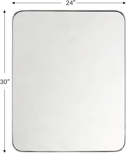GRACTO 24x30'' Brushed Nickel Metal Framed Bathroom Mirror for Wall in Stainless Steel Rounded Rectangular Bathroom Vanity Mirrors Wall Mounted