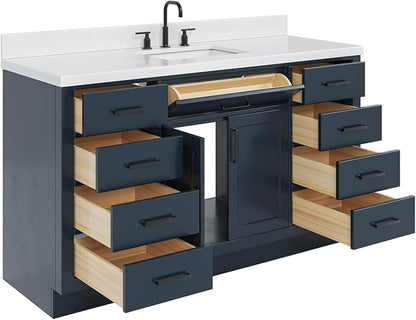 ARIEL Hepburn 60-inch Bathroom Vanity with Sink,Solid Wood, 1.5-inch Carrara White Quartz Countertop, Single Rectangular Porcelain Sink, 2 Soft Closing Doors, 9 Dovetail Drawers, Midnight Blue