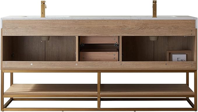 Vinnova Alistair 72" Double Sink Bathroom Vanity in North American Oak, Pre-assembled, with White Grain Stone Countertop Without Mirror