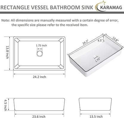 Vessel Sink Rectangle 24"x14" Bathroom Sink Above Counter Porcelain Ceramic White with Black Rim Ceramic Vessel Sinks for Bathrooms
