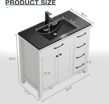 LUCKWIND 36" Bathroom Vanity with Black Sink Combo, Painted Modern Bathroom Storage Cabinet with Black Sink, Two Doors and Three Drawers, Include Faucet Without Mirror, White