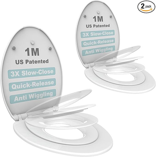 1M Family Toilet Seat, Patented Slow Close & Quick Releasing Technology, Anti-Wiggling, Easy to Install and Clean, Standard Elongated with Toddler Seat Built In (2 Pieces)