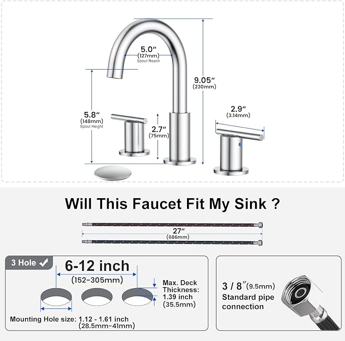 Bathroom Faucet 8 Inch, Brushed Nickel Widespread Sink Faucet | 360° rotating spout and pop-up drain for vanity, RV and outdoor sinks.
