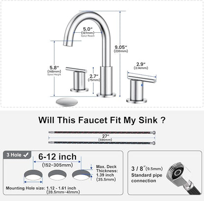 Bathroom Faucet 8 Inch, Brushed Nickel Widespread Sink Faucet | 360° rotating spout and pop-up drain for vanity, RV and outdoor sinks.