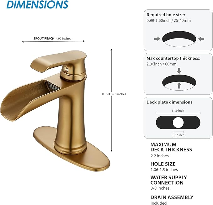 Brushed Gold Bathroom Sink Faucet, Sanliv Single Handle Waterfall Bathroom Faucet with Pop-Up Drain & Deck Plate for 1 or 3-Hole (4 inch) Modern Brass Vanity Faucets, Champagne Bronze