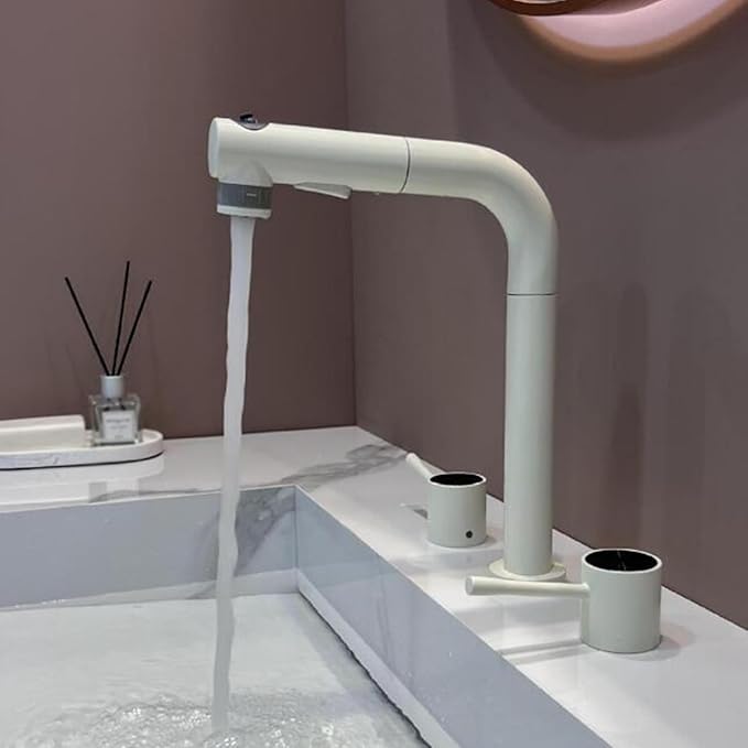 3 Hole Basin Faucets Pull Out Basin Mixer Faucet Brass-Milky White