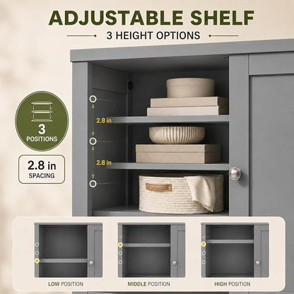 Nuturelly Bathroom Floor Storage Cabinet, 4 Doors, Anti-Tip, Grey | 23.7"D x 11.9"W x 42.6"H, Adjustable Shelves, Shaker style, 5-position Shelves, Anti-tip Kit, Rounded Corners, Easy Assembly
