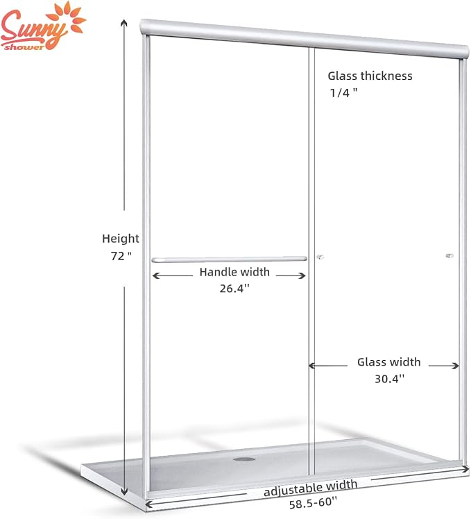SUNNY SHOWER 60 in.W x 72 in.H Semi-Frameless Shower Door, DoubleSliding Glass Shower Door, 1/4" Clear Glass Shower Enclosure, Brushed Nickel Finish