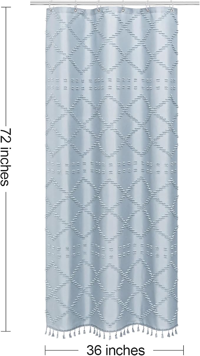 Blue Boho Woven Fabric Shower Curtain with Tassel 36 x 72, Tufted Textured | Modern Farmhouse Curtain for Bathroom, Stall Bathroom Curtain, Minimalist Decor, Waterproof
