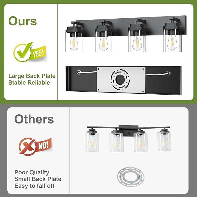 Black Bathroom Light Fixtures, 4 Lights Bathroom Lighting Fixtures Over Mirror, Square Design & Rectangle Large Backplate, Modern Vanity Lighting Fixtures, for Bathroom/Living Room/Bedroom