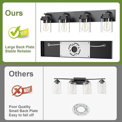 Black Bathroom Light Fixtures, 4 Lights Bathroom Lighting Fixtures Over Mirror, Square Design & Rectangle Large Backplate, Modern Vanity Lighting Fixtures, for Bathroom/Living Room/Bedroom