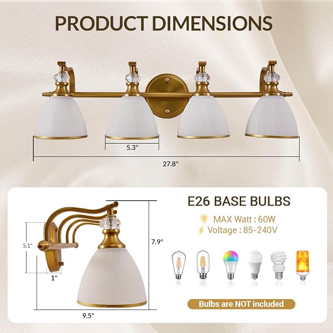 Brushed Gold Vanity Light, 4-Light Bathroom Light Fixtures, Vintage Wall Lamp with Bell Shaped Frosted Lampshade, 27.8 Inch Bathroom Lighting Fixtures Over Mirror, (Bulbs Not Included)