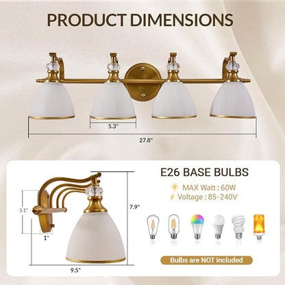 Brushed Gold Vanity Light, 4-Light Bathroom Light Fixtures, Vintage Wall Lamp with Bell Shaped Frosted Lampshade, 27.8 Inch Bathroom Lighting Fixtures Over Mirror, (Bulbs Not Included)