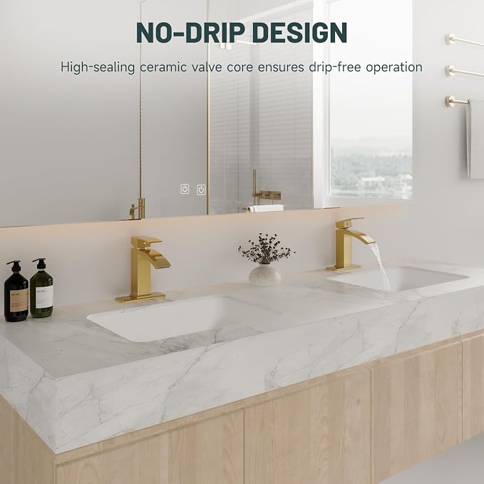 Brushed Gold Waterfall Bathroom Faucet for 1 or 3 Holes, Brass | Single Handle Bathroom Sink Faucets for Lavatory Commercial Vanity, Basin Taps with Deck Plate, Pop Up Drain and Supply Line