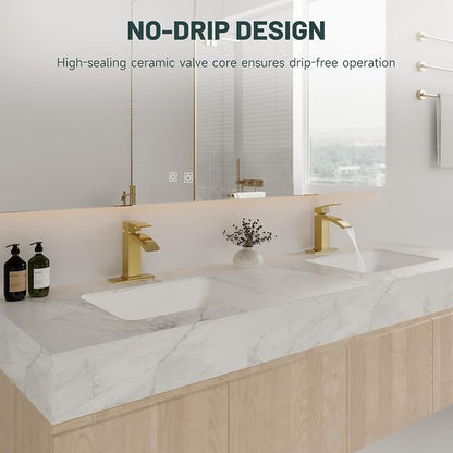 Brushed Gold Waterfall Bathroom Faucet for 1 or 3 Holes, Brass | Single Handle Bathroom Sink Faucets for Lavatory Commercial Vanity, Basin Taps with Deck Plate, Pop Up Drain and Supply Line