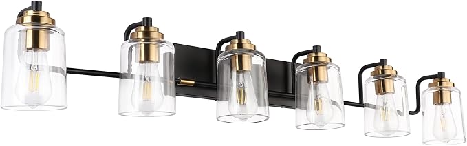 SOLFART Vintage Wall Vanity Lights for Bathroom Vanity Light 40 inch Black Globe Light Metal with Clear Glass Brass Fixtures Wall Mount Lighting Sconce 6 Light