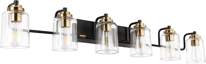 SOLFART Vintage Wall Vanity Lights for Bathroom Vanity Light 40 inch Black Globe Light Metal with Clear Glass Brass Fixtures Wall Mount Lighting Sconce 6 Light