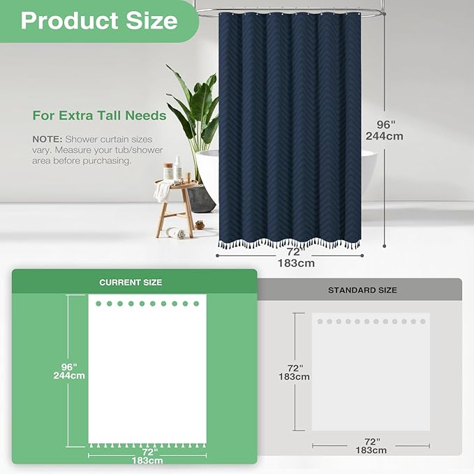 Dynamene Extra Long Shower Curtains, 96 Inch Long Boho Tufted Chevron Striped Fabric Shower Curtains for Bathroom, Tall Minimalist Waterproof Cloth Shower Curtain Set with 12 Hook, Navy Blue, 72x96