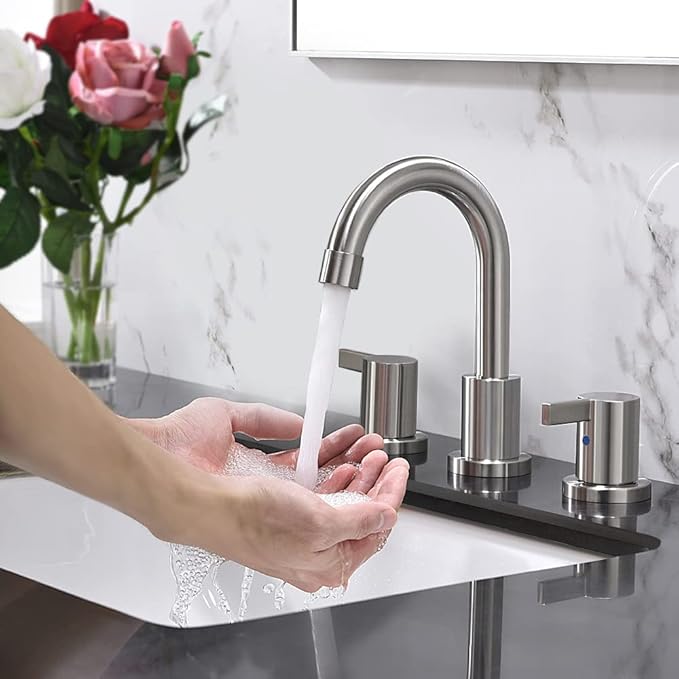 Phiestina 2 Handle 3 Hole 8 Inch Widespread Bathroom Faucet with Metal Pop-Up Drain, Brushed Nickel, WF015-1-BN